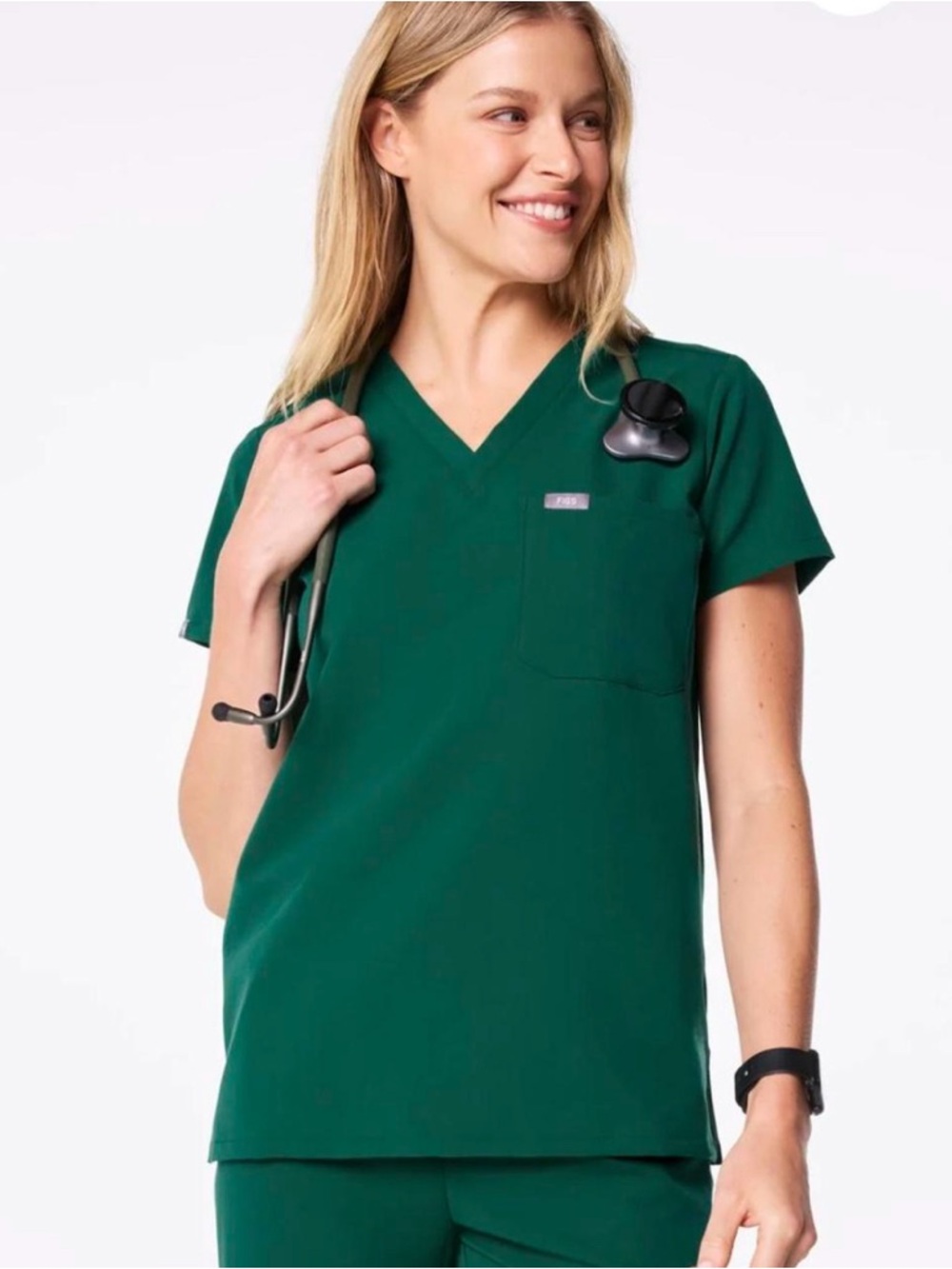 Figs Caterina One Pocket Scrub Top in Hunter Green Sz S
